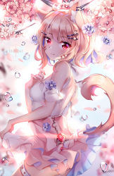 Rule 34 | 1girl, animal ears, artist name, bare shoulders, blush, cat ears, cherry blossoms, final fantasy, final fantasy xiv, fox ears, fox girl, fox tail, hair ornament, hairclip, highres, light brown hair, looking at viewer, looking to the side, medium hair, original, pink skirt, red eyes, shade, shirt, skirt, sleeveless, sleeveless shirt, solo, squchan, tail, thigh strap, virtual youtuber, warrior of light (ff14), water drop, white shirt