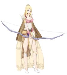 Rule 34 | 1990s (style), 1girl, armor, blonde hair, blue eyes, bow (weapon), breasts, cape, circlet, cleavage, female focus, final fantasy, final fantasy iv, full body, hair ornament, high heels, highres, jewelry, large breasts, legs, long hair, long legs, looking at viewer, ponytail, retro artstyle, rosa farrell, see-through, shoulder pads, smile, solo, thighs, transparent background, weapon, zaaeestar
