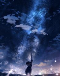 Rule 34 | 1boy, absurdres, black shirt, cloud, evening, highres, male focus, night, night sky, ocean, original, outstretched arm, partially submerged, scenery, shion 08, shirt, shooting star, short hair, sky, solo, star (sky), starry sky, water