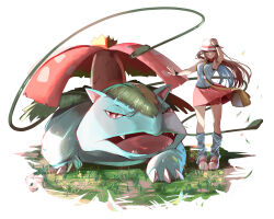Rule 34 | 1girl, arm up, bag, between breasts, black wristband, breasts, brown hair, bucket hat, claws, commentary request, creatures (company), game freak, gen 1 pokemon, grass, hat, highres, leaf (pokemon), long hair, looking at viewer, loose socks, momdy (talesshinja), nintendo, plant, pleated skirt, pokemon, pokemon (creature), pokemon frlg, shirt, shoes, shoulder bag, sidelocks, skirt, sleeveless, sleeveless shirt, socks, standing, strap between breasts, venusaur, vines, vs seeker, white footwear, white headwear, wristband, yellow bag
