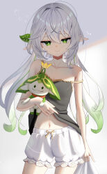 Rule 34 | 1girl, absurdres, aranara (genshin impact), bloomers, camisole, clothes lift, commentary request, flat chest, genshin impact, gradient hair, green eyes, green hair, hair between eyes, hair ornament, highres, holding, holding stuffed toy, leaf hair ornament, long hair, looking at viewer, midriff peek, multicolored hair, nahida (genshin impact), navel, pointy ears, shirt lift, shuvalun8, sidelocks, simple background, solo, strap slip, stuffed toy, symbol-shaped pupils, twintails, underwear, white bloomers, white hair