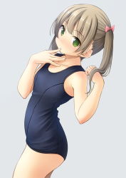 Rule 34 | 1girl, bare arms, bare shoulders, blue one-piece swimsuit, blush, bow, breasts, brown hair, closed mouth, collarbone, commentary request, green eyes, grey background, hair bow, hand in own hair, highres, long hair, looking at viewer, old school swimsuit, one-piece swimsuit, original, pink bow, school swimsuit, shibacha, simple background, small breasts, solo, swimsuit, twintails