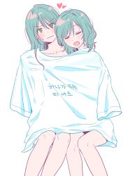 Rule 34 | 2girls, absurdres, aqua hair, bang dream!, bare legs, blush, closed eyes, closed mouth, collarbone, commentary, feet out of frame, green eyes, hair between eyes, heart, highres, hikawa hina, hikawa sayo, hug, incest, invisible chair, korean text, leaning on person, long hair, medium hair, multiple girls, no pupils, open mouth, parted bangs, shared shirt, shirt, siblings, sidelocks, simple background, sisters, sitting, spoken heart, t-shirt, translation request, twincest, twins, white background, white shirt, yuri, zihacheol