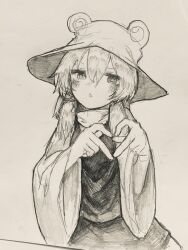 Rule 34 | 1girl, @ @, commentary request, greyscale, hair between eyes, hat, heart, heart hands, highres, long sleeves, looking at viewer, medium hair, monochrome, moriya suwako, neritch, open mouth, sidelocks, simple background, skirt, solo, touhou, traditional media, wide sleeves