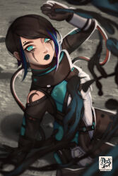 Rule 34 | 1girl, animification, apex legends, artist name, black bodysuit, black gloves, black hair, black lips, blue eyes, blue hair, bodysuit, breasts, cable, catalyst (apex legends), clothing cutout, commentary, english commentary, frown, gloves, hair behind ear, highres, leaning back, liquid, looking at viewer, multicolored hair, nica (robbeary), shadow, short hair, shoulder cutout, small breasts, solo, streaked hair