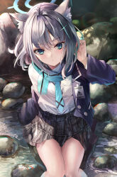 Rule 34 | 1girl, animal ear fluff, animal ears, arm support, black skirt, blazer, blue archive, blue eyes, blue scarf, blurry, collared shirt, commentary, cross hair ornament, depth of field, extra ears, grey hair, hair between eyes, hair ornament, halo, highres, jacket, knees together feet apart, long sleeves, looking at viewer, medium hair, mismatched pupils, outdoors, plaid, plaid skirt, playing with own hair, pleated skirt, river, rock, scarf, school uniform, shiroko (blue archive), shirt, sidelocks, sitting, skirt, solo, suidou chaahan, wet, white shirt, wolf ears, wolf girl