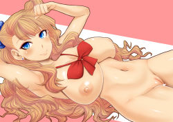 Rule 34 | 10s, 1girl, blonde hair, blue eyes, blush, breasts, censored, cleft of venus, galko, heart, heart censor, huge breasts, long hair, looking at viewer, lying, navel, nipples, nude, on back, oshiete! galko-chan, pussy, smile, solo, tomatto (@ma!)