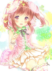 Rule 34 | 10s, 1girl, bare arms, brown eyes, brown hair, frilled thighhighs, frills, happy birthday, harukaruha, highres, hood, idolmaster, idolmaster cinderella girls, looking at viewer, ogata chieri, open mouth, seiza, shirt, sitting, skirt, sleeveless, sleeveless shirt, smile, solo, striped clothes, striped thighhighs, thighhighs, thighs, twintails, wrist cuffs