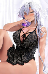 Rule 34 | 1girl, black nails, breasts, cleavage, collarbone, cup, dark skin, drinking glass, fingernails, glasses, highres, holding, holding cup, kantai collection, large breasts, light smile, lingerie, long hair, looking at viewer, musashi (kancolle), nail polish, no panties, parted lips, sitting, solo, thighs, underwear, white hair, yunamaro