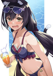 Rule 34 | 1girl, animal ear fluff, animal ears, bare shoulders, beach, beppu mitsunaka, bikini, black hair, blush, breasts, cat ears, cat girl, cat tail, cup, drinking glass, fang, green eyes, highres, karyl (princess connect!), karyl (summer) (princess connect!), long hair, looking at viewer, low twintails, multicolored hair, open mouth, princess connect!, shore, small breasts, solo, streaked hair, swimsuit, tail, twintails, wavy mouth, white-framed eyewear, white hair