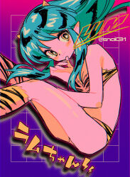 1990s_(style) 1girl animal_print artist_name ass blue_hair bra character_name gradient_background grid_background highres lum menma_(enaic31) panties pointy_ears purple_background retro_artstyle sketch smile solo tiger_print underwear urusei_yatsura yellow_bra yellow_eyes yellow_footwear yellow_panties