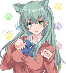 Rule 34 | 1girl, animal ears, aqua hair, blue bow, blue bowtie, bow, bowtie, cat ears, collared shirt, dress shirt, extra ears, gakky, green eyes, hair ornament, hairclip, kantai collection, long hair, looking at viewer, official alternate costume, one-hour drawing challenge, paw pose, paw print, pink sweater, school uniform, shirt, solo, suzuya (kancolle), sweater, white background, white shirt