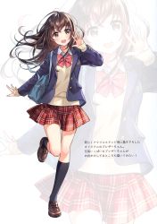 Rule 34 | 1girl, absurdres, bag, blazer, blush, bow, brown eyes, brown hair, buttons, full body, highres, jacket, leg up, loafers, long hair, long sleeves, looking at viewer, morikura en, open clothes, open mouth, original, pleated skirt, scan, school bag, school uniform, shoes, simple background, skirt, smile, socks, solo, zoom layer