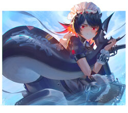 Rule 34 | 1girl, absurdres, black dress, black hair, chinese commentary, closed mouth, commentary request, dress, ellen joe, fins, fish tail, frown, highres, holding own tail, ink zi mo, looking at viewer, maid headdress, puffy short sleeves, puffy sleeves, red eyes, shark tail, short sleeves, solo, tail, wrist cuffs, zenless zone zero