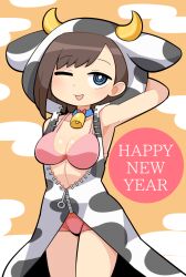 Rule 34 | 1girl, arm behind head, arm up, armpits, asymmetrical hair, bell, blue eyes, blush, boku no kokoro no yabai yatsu, breasts, bright pupils, brown hair, chinese zodiac, cleavage, commentary request, cow hood, cow horns, cowboy shot, egasumi, happy new year, horns, hospital king, ichikawa kana, large breasts, looking at viewer, medium bangs, neck bell, new year, one eye closed, open mouth, orange background, partially unzipped, pink shorts, ringed eyes, short hair, shorts, smile, solo, white pupils, year of the ox
