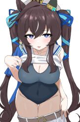 Rule 34 | 1girl, :3, absurdres, animal ears, asymmetrical sleeves, bare shoulders, belt, blue eyes, blue one-piece swimsuit, blush, breasts, brown belt, brown hair, cleavage, clothes lift, collarbone, commentary request, cowboy shot, ear covers, highres, horse ears, horse girl, horse tail, kumiyabe, lifting own clothes, long hair, looking at viewer, medium breasts, mole, mole under eye, one-piece swimsuit, open mouth, pants, shirt lift, simple background, single ear cover, smile, solo, swimsuit, tail, twintails, umamusume, very long hair, vivlos (umamusume), white background, white headwear, white pants