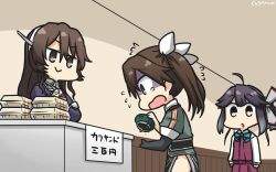 Rule 34 | 3girls, ahoge, ashigara (kancolle), black hair, blue neckwear, bow, bowtie, box, brown eyes, brown hair, coin purse, commentary request, dated, dress, elbow gloves, fake horns, flying sweatdrops, gloves, hair between eyes, hair ribbon, hairband, hallway, hamu koutarou, hayanami (kancolle), highres, horned headwear, horns, kantai collection, long hair, long sleeves, multiple girls, one-hour drawing challenge, pelvic curtain, ponytail, purple dress, remodel (kantai collection), ribbon, school uniform, shirt, short hair, sidelocks, sign, single elbow glove, tone (kancolle), translation request, twintails, wavy hair, white ribbon, white shirt, yellow eyes