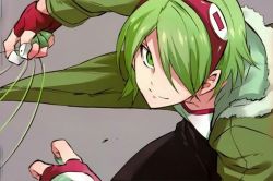 Rule 34 | 10s, 1boy, absurdres, akame ga kill!, fingerless gloves, gloves, goggles, goggles on head, green eyes, green hair, green shirt, grey background, hair over one eye, highres, hood, jacket, looking at viewer, lubbock, male focus, official art, shirt, smile, solo, square enix, string, tashiro tetsuya