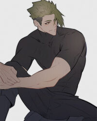 Rule 34 | 1boy, achilles (fate), bags under eyes, black footwear, black pants, black shirt, brown eyes, closed mouth, fate/apocrypha, fate (series), green hair, hand on own knee, haruakira, highres, looking to the side, male focus, mature male, muscular, muscular male, pants, shirt, sitting, solo, spread legs, undercut, white background