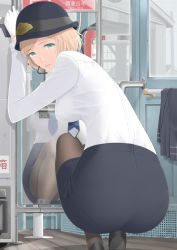 Rule 34 | 1girl, aqua eyes, ass, black pantyhose, blonde hair, copyright request, gloves, hat, impossible clothes, impossible shirt, looking at viewer, looking back, pantyhose, reflection, shirt, short hair, skirt, smile, solo, vehicle, white gloves, white shirt