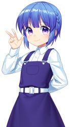 Rule 34 | 1girl, arm behind back, belt, blue hair, braid, closed mouth, collared shirt, copyright request, dress, hand up, highres, jenevan, long sleeves, looking at viewer, pinafore dress, purple dress, purple eyes, shirt, sleeveless dress, smile, solo, standing, transparent background, w, white shirt, wing collar