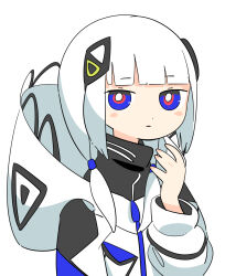 Rule 34 | 1girl, black shirt, blue eyes, blunt bangs, blush stickers, cevio, closed mouth, commentary request, diamond hair ornament, expressionless, half-closed eyes, hand up, highres, hood, hood down, hooded jacket, inemuri (jdq5e), jacket, kafu (cevio), kamitsubaki studio, looking at viewer, low twintails, medium hair, multicolored eyes, red eyes, shirt, simple background, solo, turtleneck, twintails, upper body, white background, white eyes, white hair, white jacket, zipper pull tab