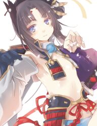 Rule 34 | 1girl, :3, armor, asymmetrical sleeves, black hair, blue eyes, blue panties, breast curtains, claw pose, closed mouth, detached sleeves, fate/grand order, fate (series), flat chest, gloves, hair ornament, hands up, japanese armor, japanese clothes, kujimaru, kusazuri, looking at viewer, mismatched sleeves, no bra, panties, parted bangs, revealing clothes, simple background, single glove, solo, underwear, upper body, ushiwakamaru (fate), white background