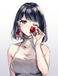 Rule 34 | 1girl, bare arms, bare shoulders, black hair, black nails, blush, breasts, closed mouth, collarbone, earrings, fingernails, food, food-themed earrings, food themed earrings, fruit, gradient background, grey background, grey shirt, hand up, head tilt, highres, holding, holding food, itsia, jewelry, looking at viewer, medium breasts, nail polish, one eye closed, original, shirt, sleeveless, sleeveless shirt, solo, strawberry, strawberry earrings, white background