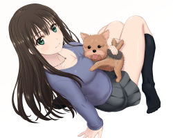 Rule 34 | 1girl, black skirt, black socks, breasts, brown hair, cleavage, closed mouth, commentary request, dog, from above, full body, graphite (medium), green eyes, hanako (idolmaster), highres, idolmaster, idolmaster cinderella girls, inanaki shiki, jewelry, kneehighs, knees together feet apart, long hair, long sleeves, looking at viewer, medium breasts, necklace, no shoes, pencil, plantar flexion, pleated skirt, shibuya rin, simple background, sitting, skirt, smile, socks, solo, tail, tail wagging, tongue, tongue out, traditional media, white background