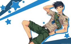 Rule 34 | 1boy, arm behind head, badge, black background, black hair, blue eyes, blue outline, blue ribbon, blue wristband, breast pocket, camp buddy, closed mouth, foot out of frame, green shorts, grey shirt, hamasaki natsumi, hand on own hip, highres, male focus, mikkoukun, outline, pocket, ribbon, shirt, short sleeves, shorts, solo, star (symbol), starry background, white background