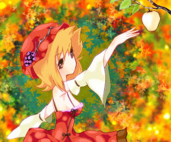 Rule 34 | 1girl, adapted costume, aki minoriko, bare shoulders, blonde hair, detached sleeves, dress, eyelashes, female focus, food, fruit, grapes, hat, leaf, nature, no nose, outstretched arm, pear, plant, profile, red dress, short hair, solo, touhou, vagabond743, wide sleeves