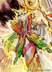 Rule 34 | 1boy, circlet, electricity, fairy wings, fire emblem, fire emblem cipher, fire emblem heroes, freyr (fire emblem), green hair, horns, long hair, male focus, multicolored hair, nintendo, official art, solo, staff, two-tone hair, udakyo, white hair, wings, yellow eyes