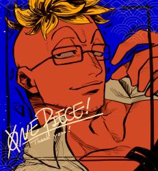 Rule 34 | !, 1boy, anchor tattoo, black eyes, blonde hair, chest tattoo, closed mouth, collarbone, commentary request, english text, facial hair, glasses, highres, larugo0513, male focus, marco (one piece), mohawk, one piece, open clothes, short hair, smile, solo, tattoo