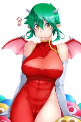 Rule 34 | 1girl, aratama (a-tama), breasts, cameltoe, china dress, chinese clothes, cleft of venus, draco centauros, dragon horns, dragon wings, dress, elbow gloves, gloves, green hair, horns, large breasts, pointy ears, puyopuyo, simple background, solo, white background, white gloves, wings, yellow eyes