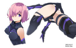 Rule 34 | 1girl, ass, black leotard, blurry, blurry foreground, boots, breasts, closed mouth, dated, depth of field, elbow gloves, fate/grand order, fate (series), from below, gloves, hair over one eye, large breasts, leotard, looking at viewer, mash kyrielight, multiple views, one eye covered, pink hair, pink pupils, purple eyes, short hair, smile, tabata hisayuki, thighhighs, white background