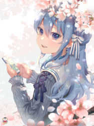 Rule 34 | 1girl, aran sweater, blue eyes, blue hair, bow, cable knit, cellphone, cherry blossoms, choker, commentary request, earrings, hair bow, hair ribbon, highres, holding, holding phone, hololive, hoshimachi suisei, hoshimachi suisei (school uniform), jewelry, kamui (kamuikaoru), long hair, looking at viewer, open mouth, pearl earrings, petals, phone, ribbon, sailor collar, smartphone, solo, star (symbol), star in eye, sweater, symbol in eye, virtual youtuber, white sailor collar