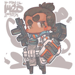 Rule 34 | 1boy, :o, animification, apex legends, armor, artist name, blush, brown eyes, brown hair, chibi, dark-skinned male, dark skin, dated, gibraltar (apex legends), gun, hair bun, highres, holding, holding gun, holding weapon, jrpencil, looking to the side, male focus, r-99 smg, shield, short eyebrows, single hair bun, solo, submachine gun, thick eyebrows, v-shaped eyebrows, weapon