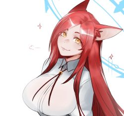 Rule 34 | 1girl, puff of air, animal ear fluff, animal ears, breasts, cat ears, commentary, english commentary, halo, highres, large breasts, less, long hair, looking at viewer, original, red hair, shirt, simple background, smile, solo, sparkle, upper body, white background, white shirt, yellow eyes