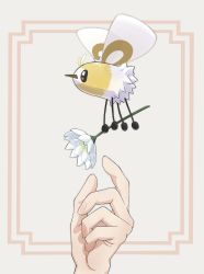 Rule 34 | 1other, commentary request, creatures (company), cutiefly, fingernails, flower, flying, framed, from side, game freak, gen 7 pokemon, grey background, hagi 753, highres, holding, holding flower, nintendo, outstretched hand, pokemon, pokemon (creature), white flower