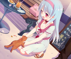 Rule 34 | 1girl, :d, animal, bad id, bad pixiv id, bag, bench, blue hair, blush, cat, choker, dress, feet, food, glass, gloves, hairband, long hair, magellan (zpolice), open mouth, original, plate, red eyes, ribbon choker, sign, smile, solo, squatting, toes, zpolice