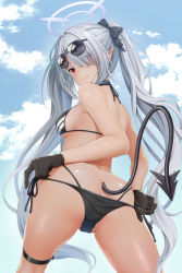Rule 34 | 1girl, ass, bikini, bikini pull, blue archive, breasts, butt crack, closed mouth, clothes pull, cowboy shot, dark skin, denhijou niki, eyes visible through hair, eyewear on head, from below, gloves, grey hair, hair over one eye, halo, halterneck, highres, iori (blue archive), iori (swimsuit) (blue archive), kneepits, long bangs, long hair, medium breasts, multi-strapped bikini bottom, official alternate costume, pointy ears, red eyes, side-tie bikini bottom, sidelocks, smile, solo, sunglasses, swimsuit, tail, tan, thigh strap, twintails, very long hair