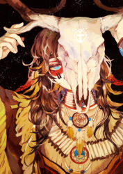 Rule 34 | 1girl, animal skull, anters, antlers, black background, blue eyes, brown hair, cross, dream catcher, facepaint, feathers, headband, holding, holding skull, horns, jewelry, latin cross, light particles, mii (chibinomi), native american, necklace, original, simple background, skull, solo
