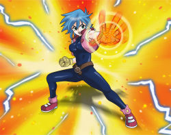Rule 34 | 1girl, :d, allenby beardsley, bad id, bad pixiv id, bakunetsu god finger, belt, blue bodysuit, blue hair, bodysuit, clenched hand, cropped jacket, electricity, fighting stance, g gundam, gloves, glowing, glowing hand, green eyes, gundam, looking at viewer, open mouth, outstretched arm, outstretched hand, revo-0623, shining finger, short hair, smile, solo, vest