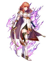 Rule 34 | armor, black thighhighs, celica (fire emblem), detached collar, fire emblem, fire emblem echoes: shadows of valentia, fire emblem heroes, fujikawa arika, full body, highres, holding, holding sword, holding weapon, long hair, nintendo, official art, red armor, red hair, solo, standing, sword, thighhighs, transparent background, weapon, white armor
