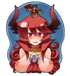 Rule 34 | 1girl, blush, borrowed character, breast mousepad, breasts, curly hair, demon girl, detached collar, fang, hitsuji bako, horns, large breasts, long hair, maou beluzel, mousepad, mousepad (medium), nipples, nude, original, red eyes, red hair, skull, slit pupils, solo, upper body, wavy mouth, yuusha to maou