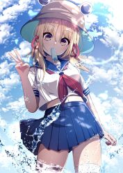 Rule 34 | 1girl, alternate costume, blonde hair, blue skirt, darumoon, food, food in mouth, hat, highres, midriff, moriya suwako, pleated skirt, popsicle, popsicle in mouth, pyonta, sailor collar, school uniform, skirt, solo, thighhighs, touhou, white thighhighs, yellow eyes