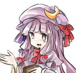Rule 34 | 1girl, :d, book, crescent, crescent hair ornament, hair ornament, hair ribbon, hat, hat ribbon, hisui (kimochi), holding, holding book, long hair, mob cap, open mouth, outstretched hand, patchouli knowledge, purple eyes, purple hair, ribbon, smile, solo, touhou, upper body, white background
