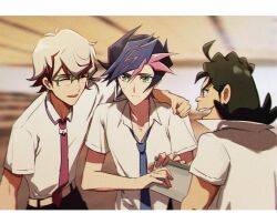 Rule 34 | 3boys, arm around shoulder, arm up, bad id, bad lofter id, belt, black hair, black pants, blue hair, blue necktie, classroom, clenched hand, closed eyes, collared shirt, day, fujiki yusaku, green-framed eyewear, green eyes, grey hair, hands up, happy, highres, holding, homura takeru, indoors, loose necktie, male focus, medium hair, multicolored hair, multiple boys, naoki (2rzmcaizerails6), necktie, nervous smile, open mouth, pants, pink hair, popped collar, purple necktie, red hair, shima naoki, shirt, short hair, short sleeves, smile, spiked hair, streaked hair, sweatdrop, teeth, upper body, upper teeth only, white background, yu-gi-oh!, yu-gi-oh! vrains