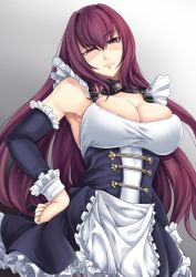 Rule 34 | 1girl, alternate costume, arm warmers, armpits, black dress, breasts, cleavage, corset, dress, enmaided, fate/grand order, fate (series), frilled dress, frills, frown, gradient background, hair between eyes, hair intakes, hand on own hip, highres, kinntarou, large breasts, long hair, looking at viewer, maid, purple hair, red eyes, scathach (fate), shaded face, solo, upper body, very long hair