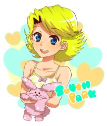 Rule 34 | 1boy, blonde hair, blue eyes, butters stotch, copyright name, crossdressing, doll, hugging doll, male focus, marjorine, hugging object, smile, solo, south park, stuffed animal, stuffed rabbit, stuffed toy, tank top, trap